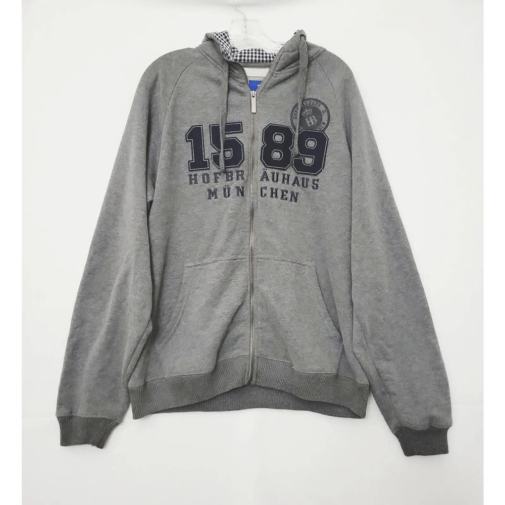 Hofbrauhaus Munchen Jacket Hoodie L Gray‎ Full Zip Hooded Outerwear Streetwear